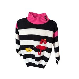 Vtg 80s knitwaves Striped Black White Sweater Pink cat girls size medium large